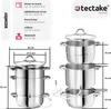 A collage showing a multi-piece stainless steel steamer pot with dimensions and specifications. The image is split into two main parts: a list of specifications on the left and two diagrams of the steamer pot on the right. Náhled obrázku produktu