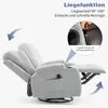 A light gray recliner chair is shown in a reclined position, with arrows indicating movement and a close-up inset showing how to adjust the recline. Voir les images du produit
