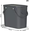 A dark gray trash can with a lid and handle, shown with dimensions indicated by lines and text. Produktbild-Vorschau