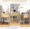 A collage of three images showing a wooden nightstand in different settings: a bedroom, a living room, and a study/office. Produktbild-Vorschau