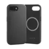 A black leather iPhone case is shown from the front and back, with the back showing a circular magnetic charging ring. Anteprima dell’immagine prodotto