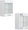 Two white kitchen cabinets are shown against a white background. One is a full cabinet with a drawer and shelf, and the other is a cabinet with a glass door and a drawer. Náhled obrázku produktu