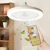 A hand holding a remote control for a ceiling fan with an integrated LED light, with green leaves floating around. Náhľad obrázku produktu