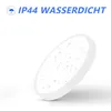 A white, circular LED ceiling light with water droplets on its surface, presented against a white background. Produktbild-Vorschau