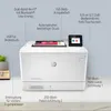 A white HP printer is shown on a light gray background, with various features highlighted by text labels and lines. Podgląd zdjęcia produktu
