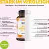 A split image showing a bottle of Yes Vegan Sun Vitamins on the left and a plain white bottle on the right, with text comparing features. Produktbild-Vorschau