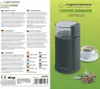 A coffee grinder with a cup of coffee and coffee beans on a green and white background. Podgląd zdjęcia produktu