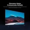 A television displaying a landscape image, with marketing text above it. Produktbild-Vorschau