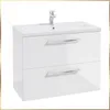 A white bathroom vanity with a sink and faucet. Produktbild-Vorschau