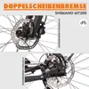 Close-up images of bicycle disc brakes, with text labels indicating front and rear brakes, and product branding. Produktbild-Vorschau