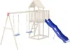 A wooden playground set with a blue slide and swings, presented on a white background. Voir les images du produit