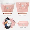 A collage of images showing different views and sizes of a pink travel bag and a smaller toiletry bag, with dimensions and size labels. Náhľad obrázku produktu