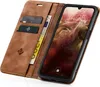 A brown leather flip case for a smartphone, open to reveal credit card slots and a phone screen displaying the time and date. Produktbild-Vorschau