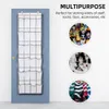 A hanging organizer with multiple pockets is shown on a door, with three circular insets displaying items stored within such organizers: toys, cosmetics, and folded clothing. Náhled obrázku produktu