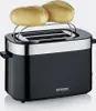 A black Severin toaster with two bread rolls on top, presented against a white background. Produktbild-Vorschau