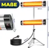 A double infrared heater on a tripod stand, with dimensions indicated by text and lines. Produktbild-Vorschau