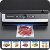 A vacuum sealer in operation, sealing a piece of meat, with smaller images of various foods at the bottom. Podgląd zdjęcia produktu