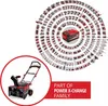 A collage of Einhell Power X-Change tools arranged in concentric circles around a battery, with a snow blower highlighted in a circle on the left. Produktbild-Vorschau