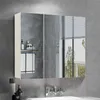 A modern bathroom setting with a wall-mounted medicine cabinet featuring mirrored doors and an open compartment with shelves. Produktbild-Vorschau
