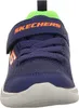 A close-up front view of a child's blue sneaker with orange and green accents. Produktbild-Vorschau