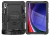 A black tablet case with a stand and strap, shown from the front and back. Produktbild-Vorschau