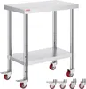 A stainless steel workbench with wheels and an additional shelf, photographed against a white background. Anteprima dell’immagine prodotto