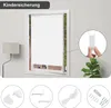 A collage showing a white roller blind installed on a window, along with various accessories and close-up views of installation components. Produktbild-Vorschau