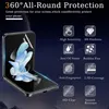 A marketing image showing a foldable phone with a screen protector applied, alongside icons and text describing its features. Produktbild-Vorschau