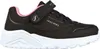 A single black Skechers sneaker with pink accents and a white sole, shown from the side against a white background.