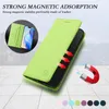 A green flip wallet phone case is shown with a magnetic adsorption feature highlighted by red arrows and a magnet graphic. Produktbild-Vorschau