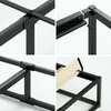 Collage of close-up shots showing the assembly details and construction of a black metal bed frame with wooden slats. Produktbild-Vorschau