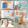 A collage of four close-up images showing different features of a wooden baby walker and activity toy. Produktbild-Vorschau