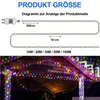 Diagram showing the dimensions of LED string lights, with a photo of the lights installed outdoors. Voir les images du produit