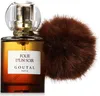 A bottle of perfume with a fluffy brown pom-pom attached. Voir les images du produit