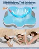A collage showing a pillow's cooling and airflow features, and three women sleeping on it in different positions. Produktbild-Vorschau