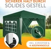 A green pop-up tent is shown in an outdoor setting, with text overlays highlighting its features and included accessories. Produktbild-Vorschau