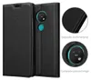 A black flip case for a Nokia 7.2 phone is shown, with close-up insets highlighting craftsmanship and the camera lens. Náhled obrázku produktu