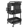 A black three-tiered rolling cart with two perforated side panels and two mesh baskets is shown against a white background. Produktbild-Vorschau