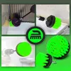 A collage of images showing green cleaning brush attachments for drills and screwdrivers being used in various cleaning scenarios, along with product shots of the attachments. Podgląd zdjęcia produktu
