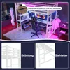 A loft bed with a desk and gaming setup, shown in a room with city views and ambient lighting. Smaller inset images highlight specific features. Podgląd zdjęcia produktu