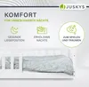 A white children's bed with a patterned duvet, featuring marketing text and icons highlighting comfort features. Náhled obrázku produktu