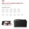 A list of compatible printer models and a black printer are shown. Produktbild-Vorschau