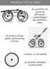 Collage of images and text detailing the features of a stroller frame and wheels. Produktbild-Vorschau