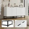A white sideboard with fluted doors and black metal legs, shown in a room setting with decorative items on top. Insets show a close-up of the metal legs and the black metal handles. Produktbild-Vorschau