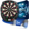 A dartboard, a box of darts, and a pack of 6 darts are displayed on a blue surface. Produktbild-Vorschau