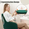 A woman is sitting in a green chair, holding a tablet. An inset graphic highlights the chair's ergonomic design and lumbar support. Produktbild-Vorschau