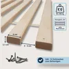 Close-up view of wooden bed slats with measurement indicators and product information icons. Produktbild-Vorschau