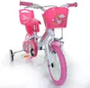 A pink and white children's bicycle with training wheels and a unicorn theme, presented against a white background. Náhled obrázku produktu