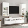 A modern white TV stand and wall-mounted cabinets with a black TV mounted on the wall. Produktbild-Vorschau