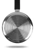 The bottom of a stainless steel pot with a black handle is shown against a white background. Voir les images du produit